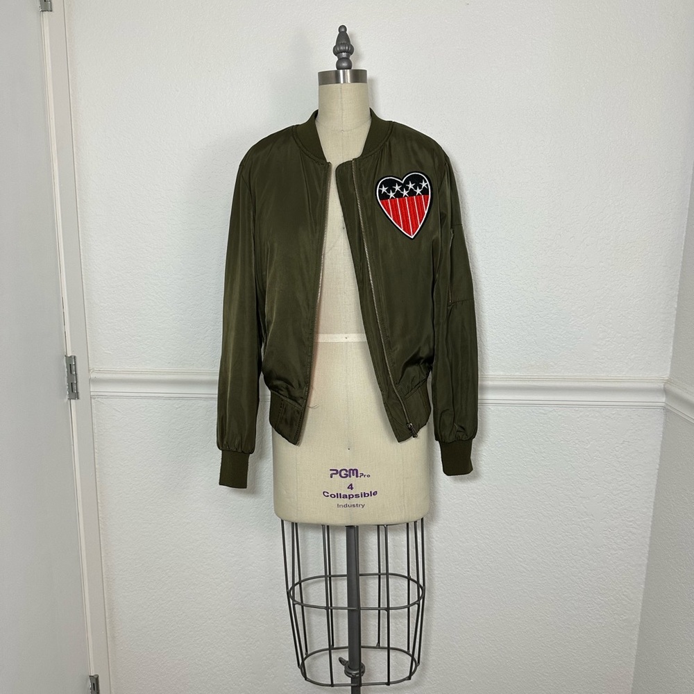 Olive Bomber Jacket With American Flag Patches Size Small
